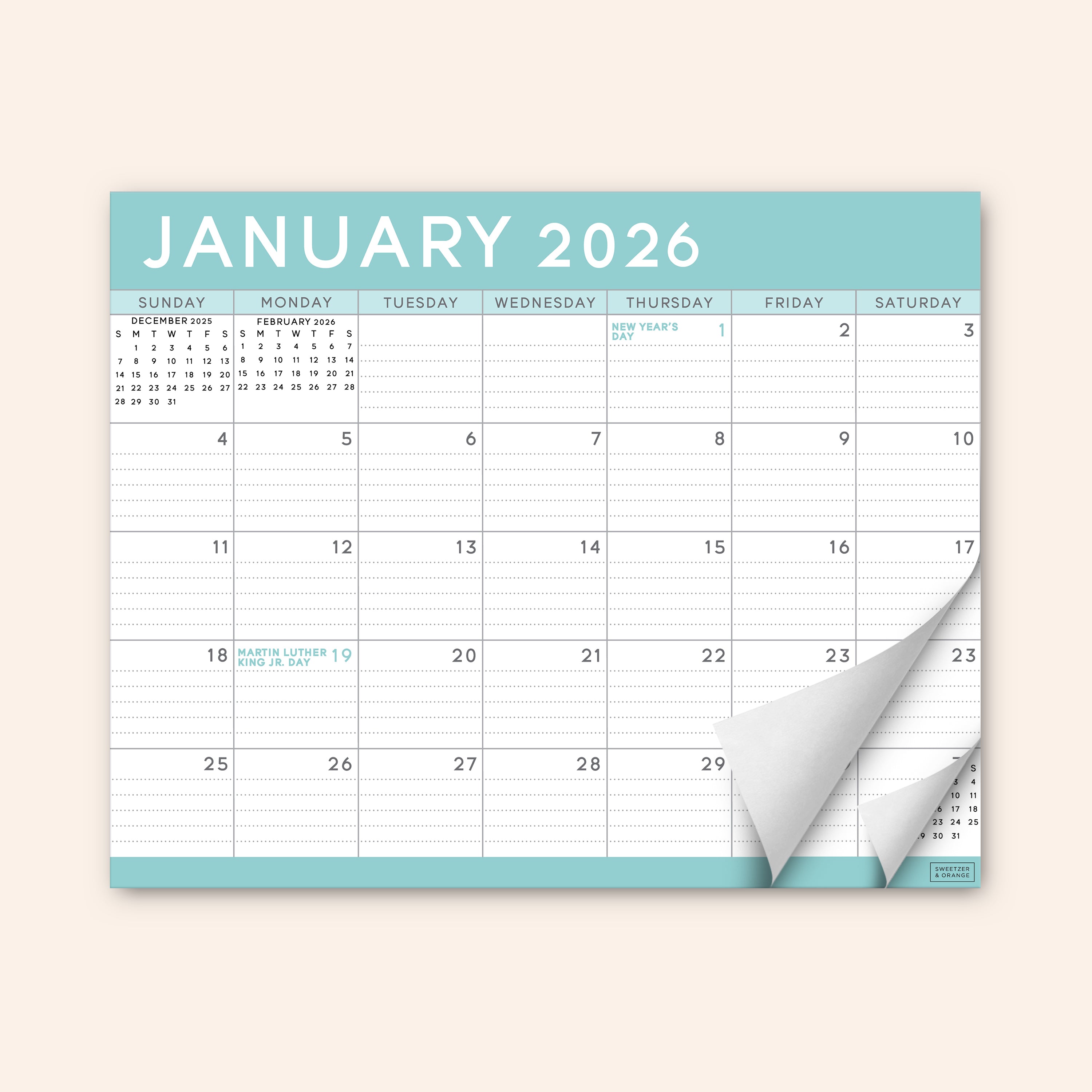 Teal Refrigerator Calendar July 2025 - December 2026