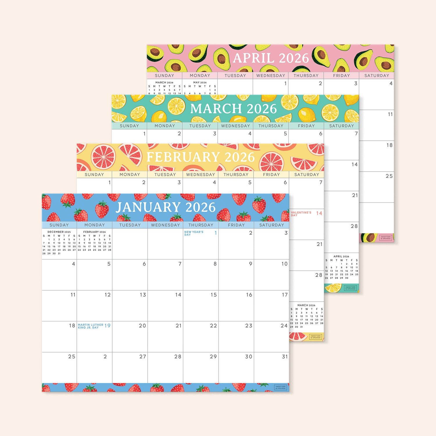 Fresh Fruity Fridge Calendar Jan 2026 - June 2027