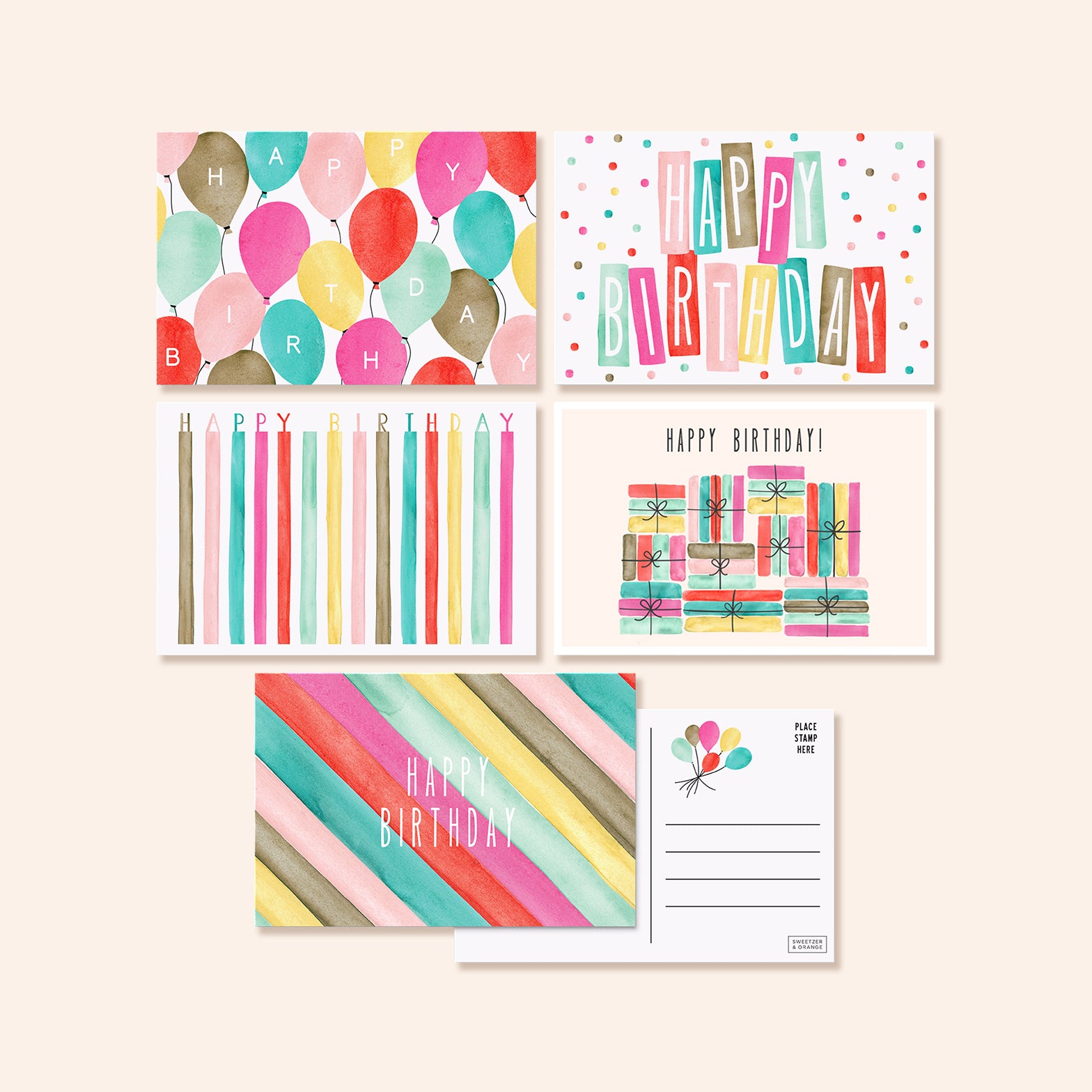 Watercolor Birthday Postcards | Set of 50